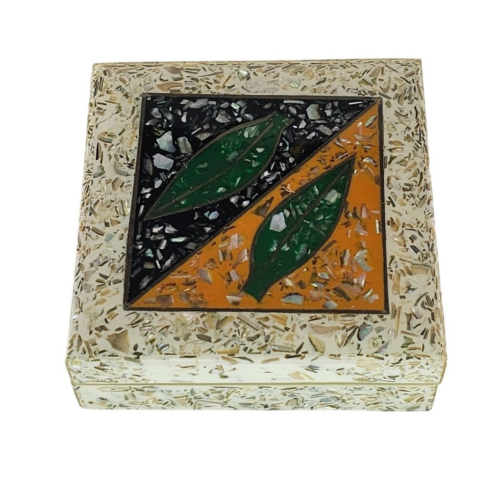 Vintage Mosaic Trinket Box With Leaf Design Hinged Lid Mother Of Pearl